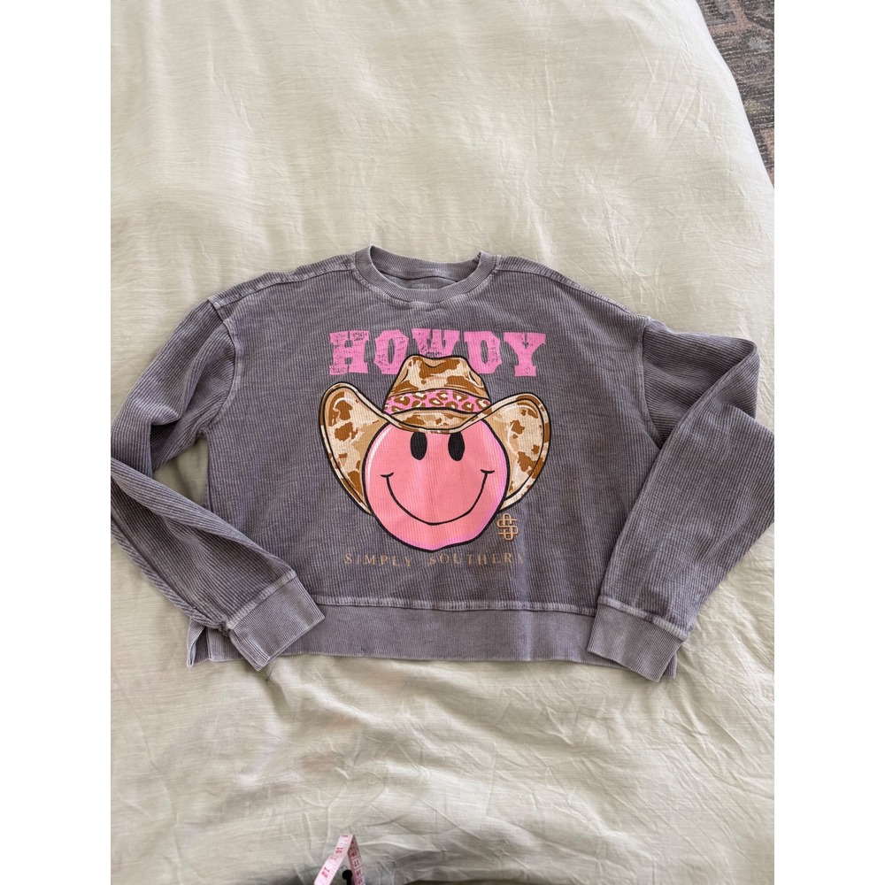 Simply Southern Howdy Cowgirl‎ Smiley Sweatshirt Women M Cropped Western Graphic